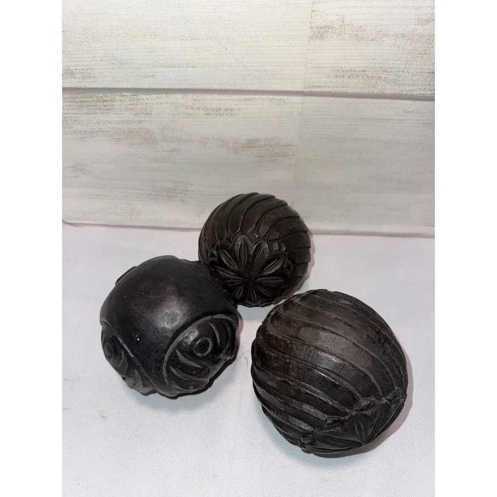 Set of 3 Hand Carved Dark Wood Decorative Spheres Orbs Floral Swirl Home Decor